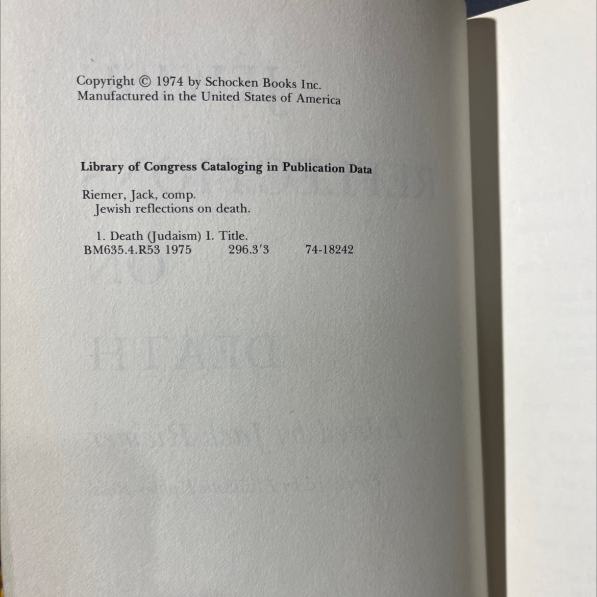 jewish reflections on death book, by Jack Riemer, 1974 Hardcover image 3