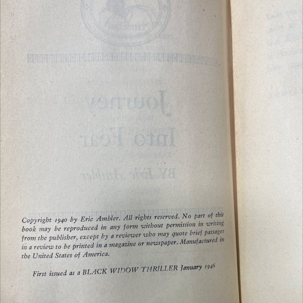 journey into fear book, by Eric Ambler, 1946 Hardcover image 3