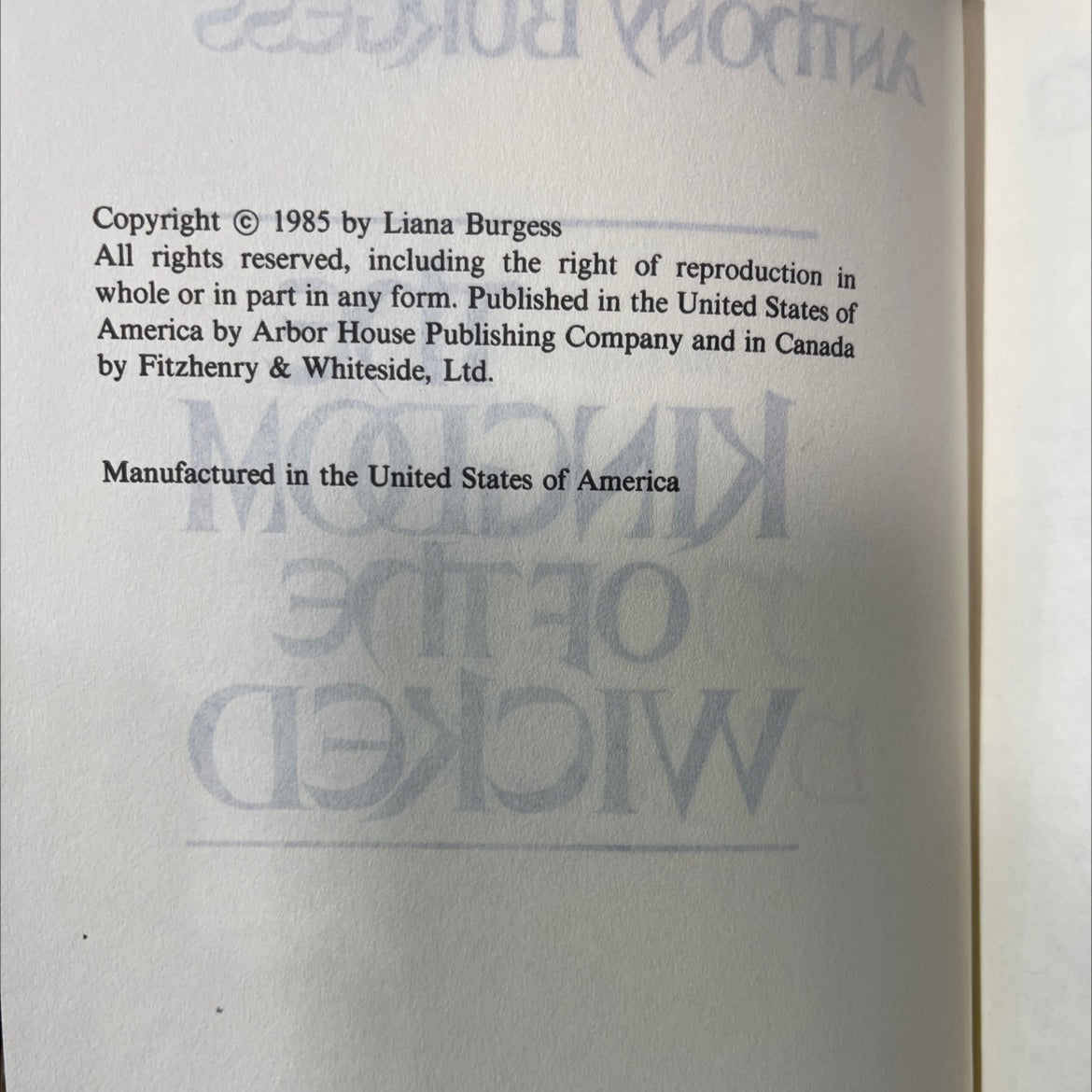 kingdom of the wicked book, by anthony burgess, 1985 Hardcover image 3
