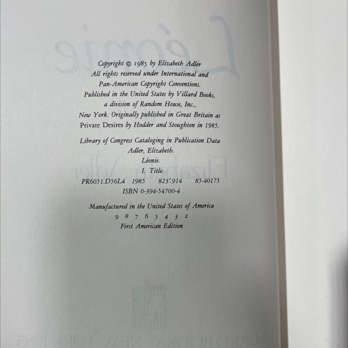 léonie book, by elizabeth adler, 1985 Hardcover image 3