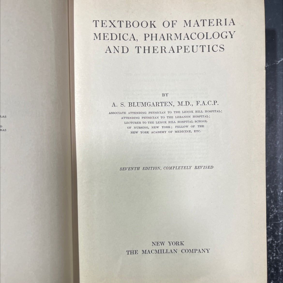 las dras textbook of materia medica, pharmacology and therapeutics book, by a. s. blumgarten, 1937 Hardcover image 2