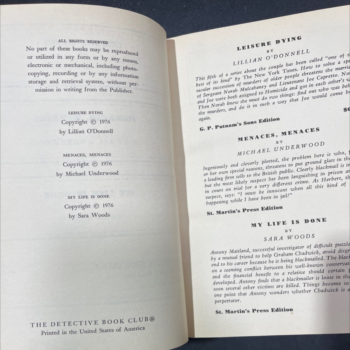 leisure dying book, by lillian o'donnell, 1976 Hardcover image 3