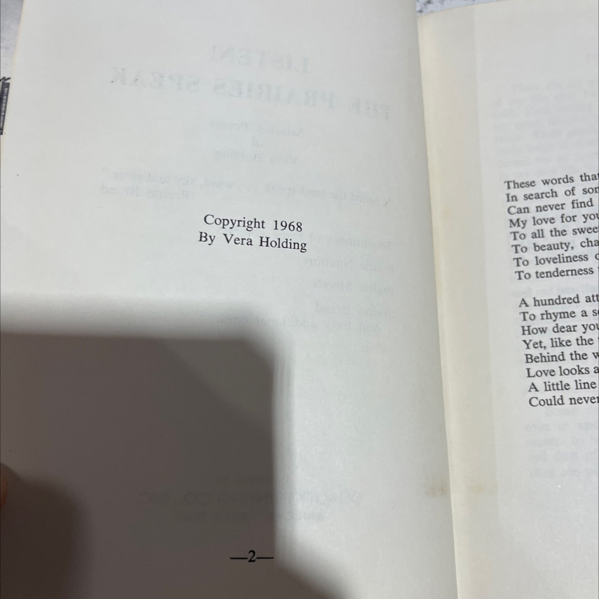 SIGNED listen! the prairies speak selected poems of vera holding book, by Vera Holding, 1968 Hardcover, First Edition, image 3