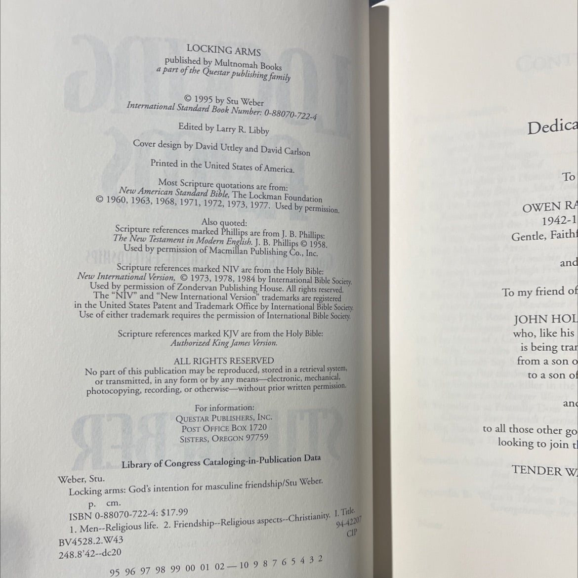 locking arms god's design for masculine friendships book, by Stu Weber, 1995 Hardcover image 3