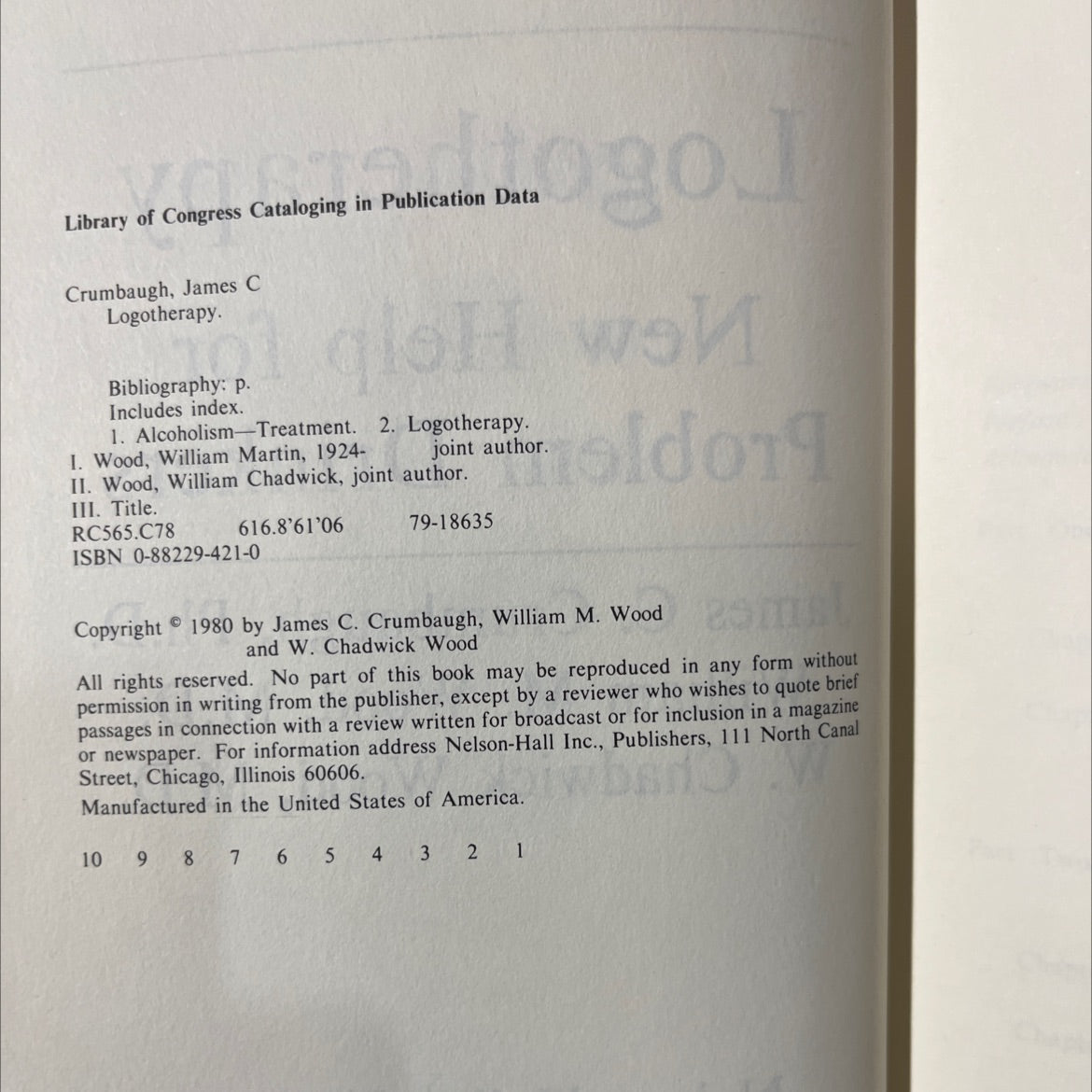 logotherapy new help for problem drinkers book, by James C. Crumbaugh, William M. Wood, W. Chadwick Wood, 1980 Hardcover image 3