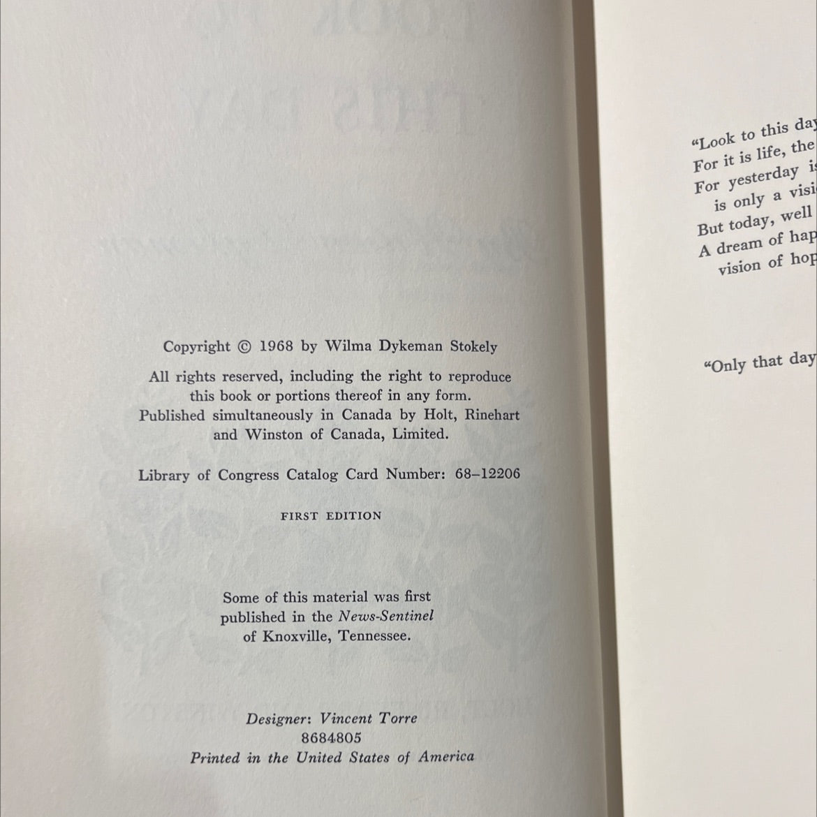 look to this day book, by Wilma Dykeman, 1968 Hardcover image 3
