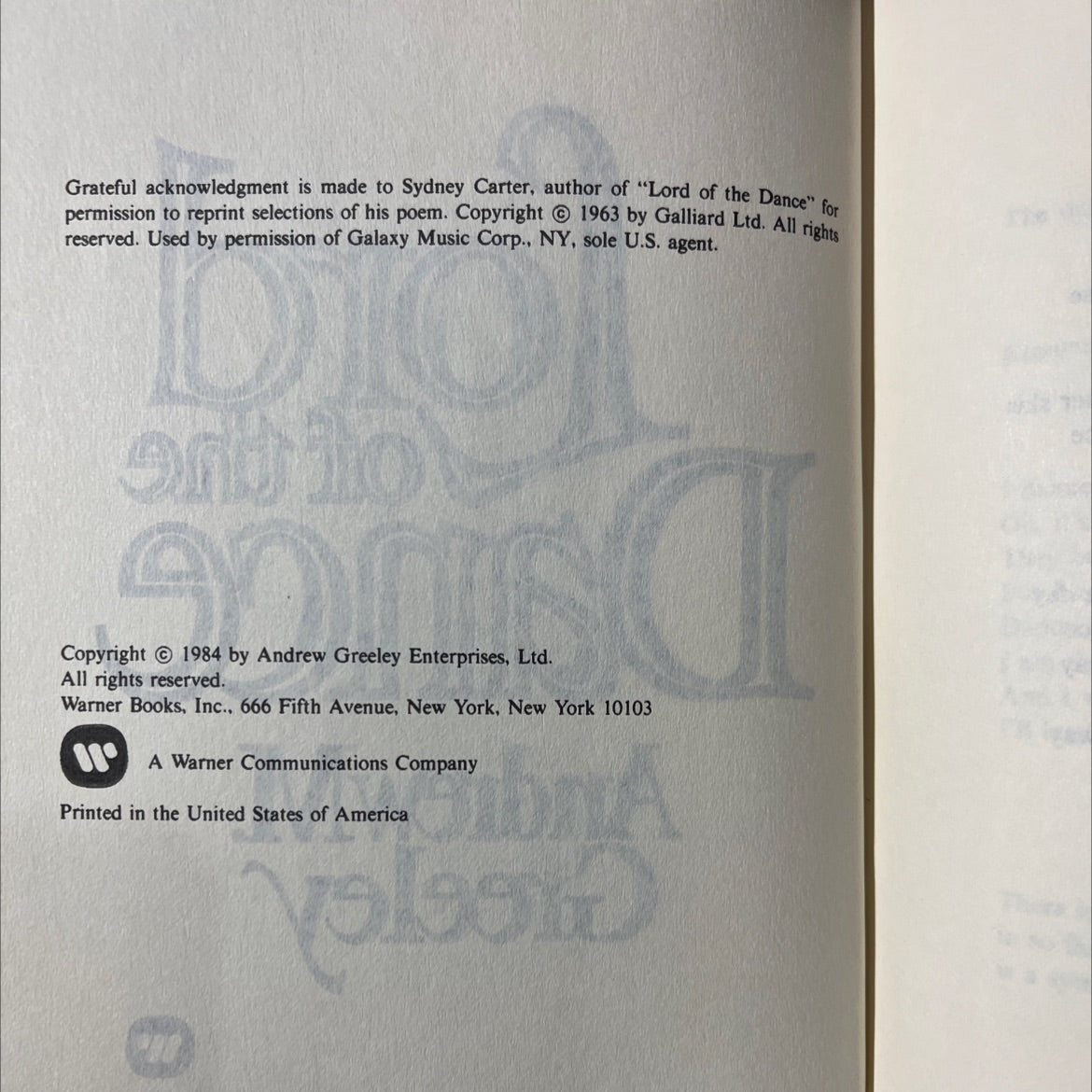 lord dance book, by andrew m. greeley, 1984 Hardcover image 3