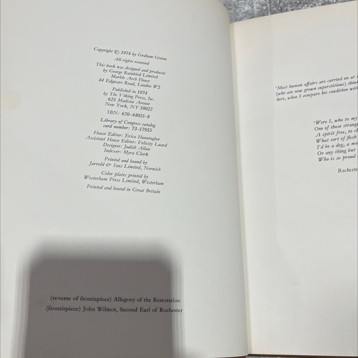 lord rochester's monkey being the life of john wilmot, second earl of rochester book, by graham greene, 1974 Hardcover image 3