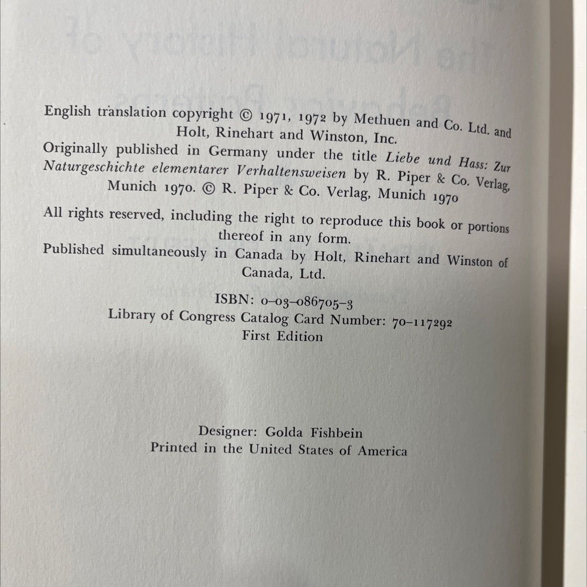 love and hate the natural history of behavior patterns book, by irenäus eibl-eibesfeldt, 1972 Hardcover image 3