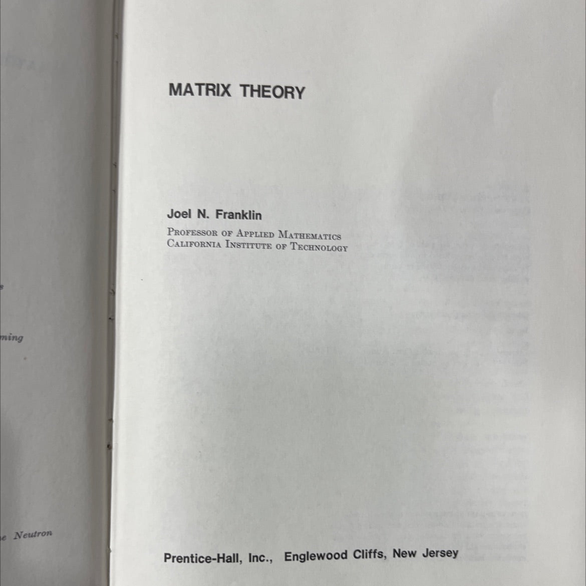 matrix theory book, by Joel N. Franklin, 1968 Hardcover image 2