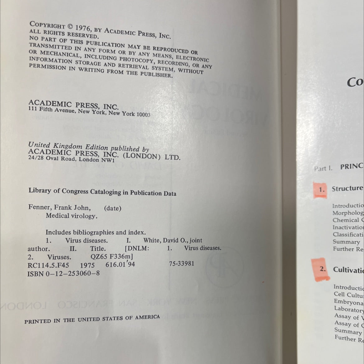 medical virology book, by frank fenner, david o. white, 1976 Hardcover image 3