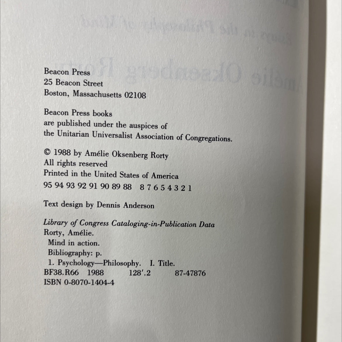 mind in action book, by Amélie Oksenberg Rorty, 1988 Hardcover image 3