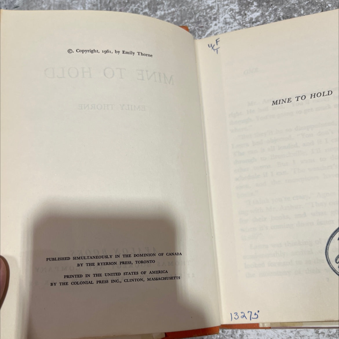mine to hold book, by emily thorne, 1961 Hardcover image 3