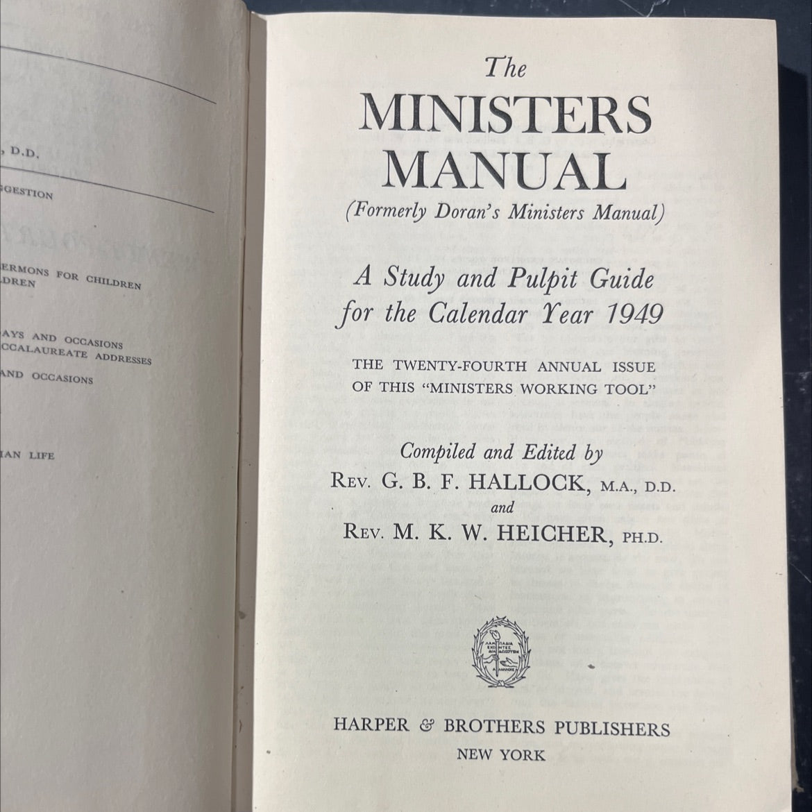 ministers manual for 1949 book, by rev. g. b. f. hallock, m.a., d.d. and rev. m. k. w. heicher, ph.d., 1949 Hardcover image 2