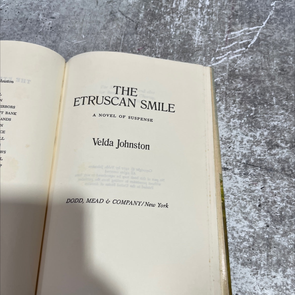 mirrors to the bank and the etruscan smile a novel of suspense book, by Velda Johnston, 1977 Hardcover image 2