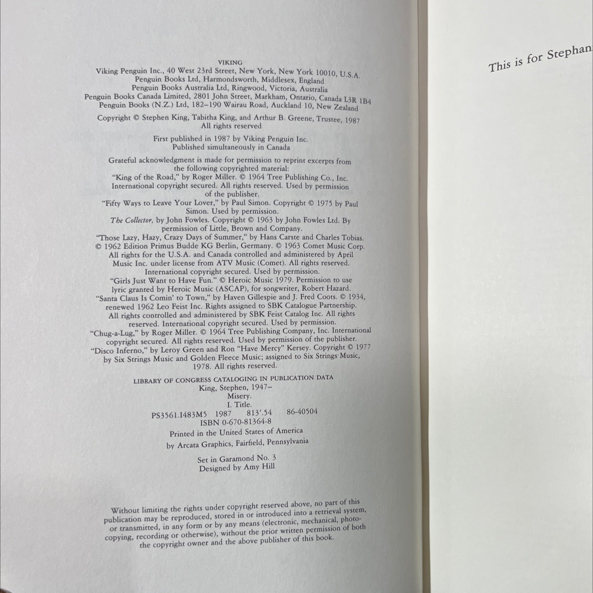 misery book, by stephen king, 1987 Hardcover image 3