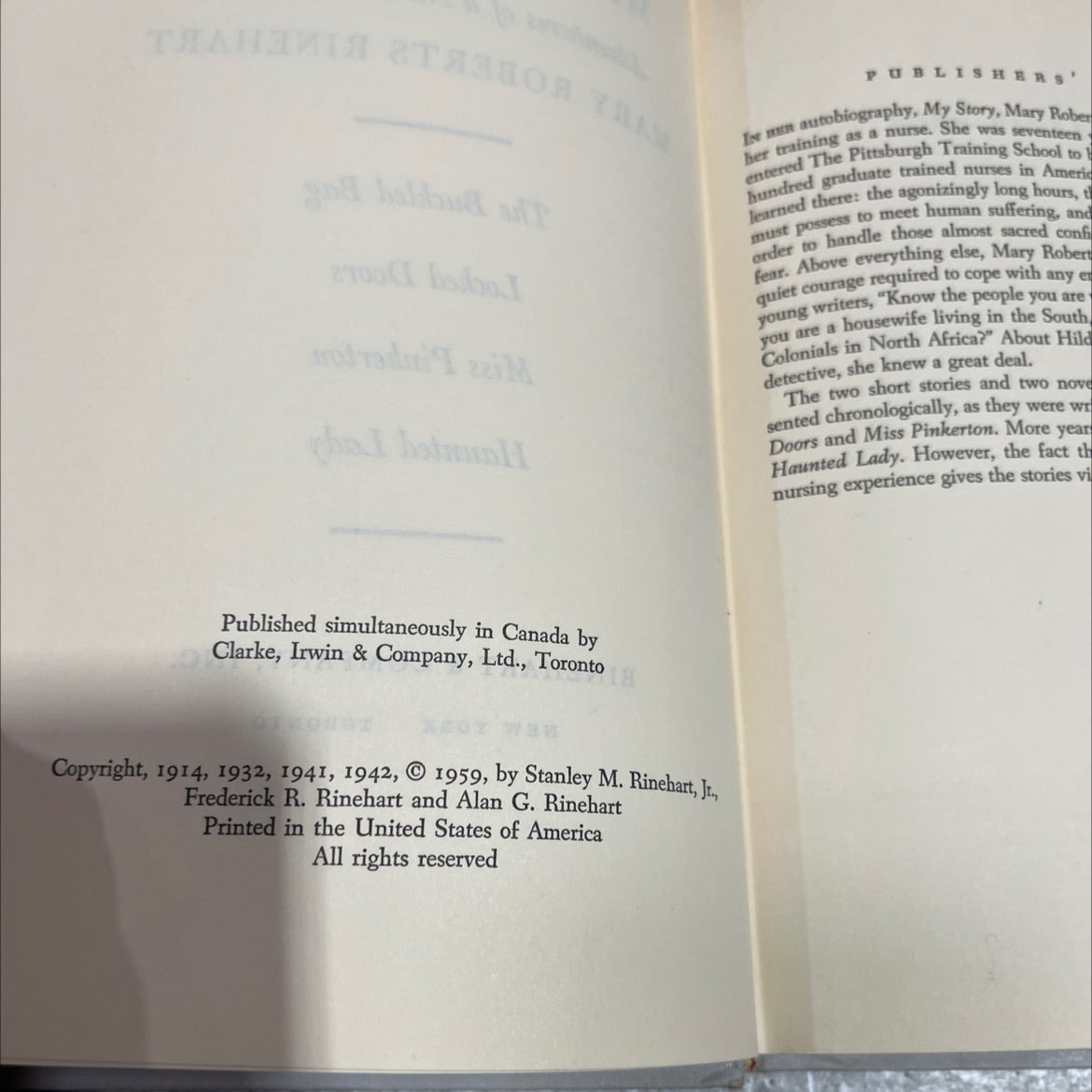 miss pinkerton adventures of a nurse detective book, by mary roberts rinehart, 1959 Hardcover image 3