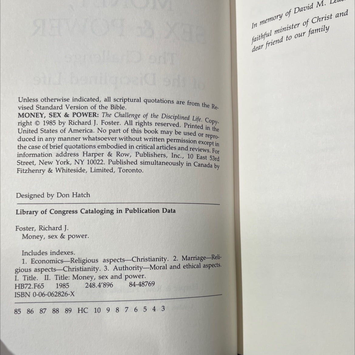 money, sex & power: the challenge of the disciplined life book, by Richard J. Foster, 1985 Hardcover image 3