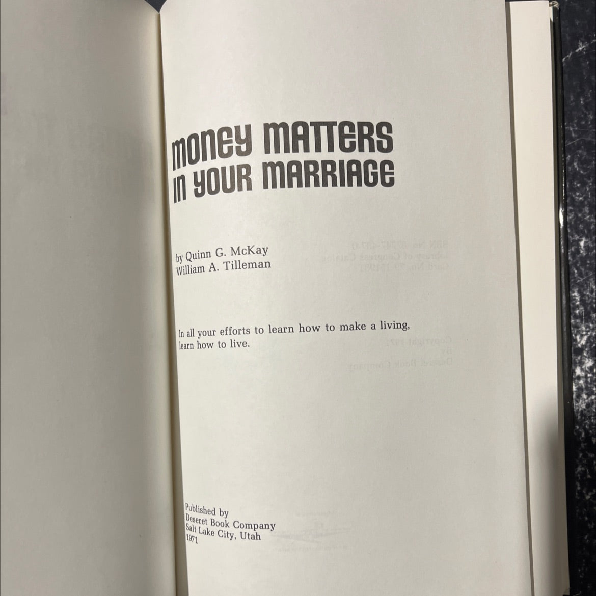 money matters in your marriage book, by Quinn G. McKay, William A. Tilleman, 1971 Hardcover image 2