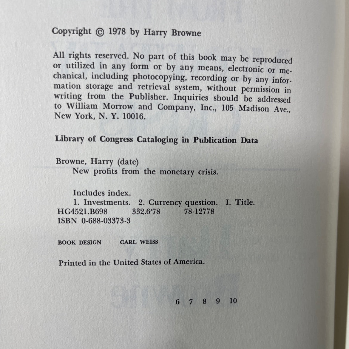 new profits from the monetary crisis book, by Harry Browne, 1978 Hardcover image 3