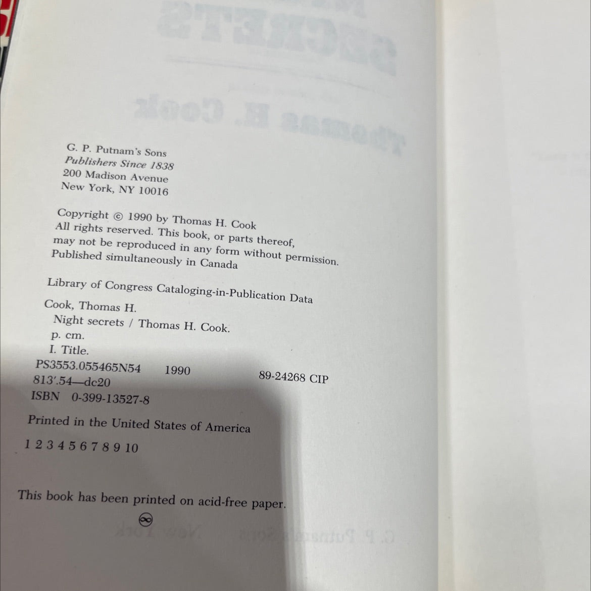 night secrets book, by Thomas H. Cook, 2000 Hardcover image 3
