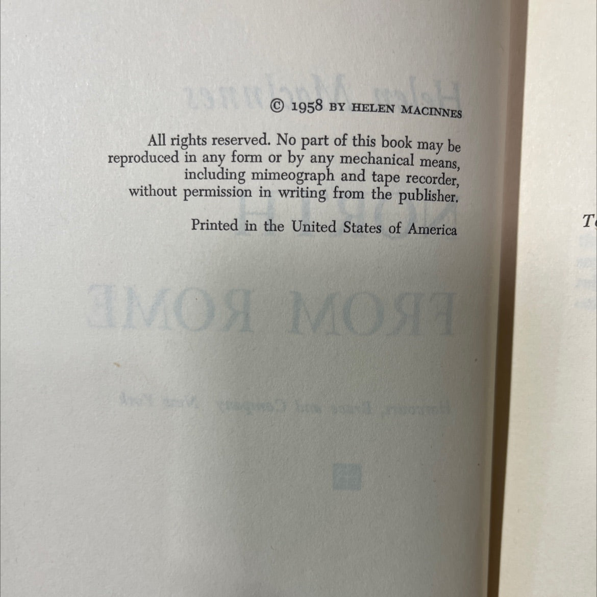 north from rome book, by helen macinnes, 1958 Hardcover image 3