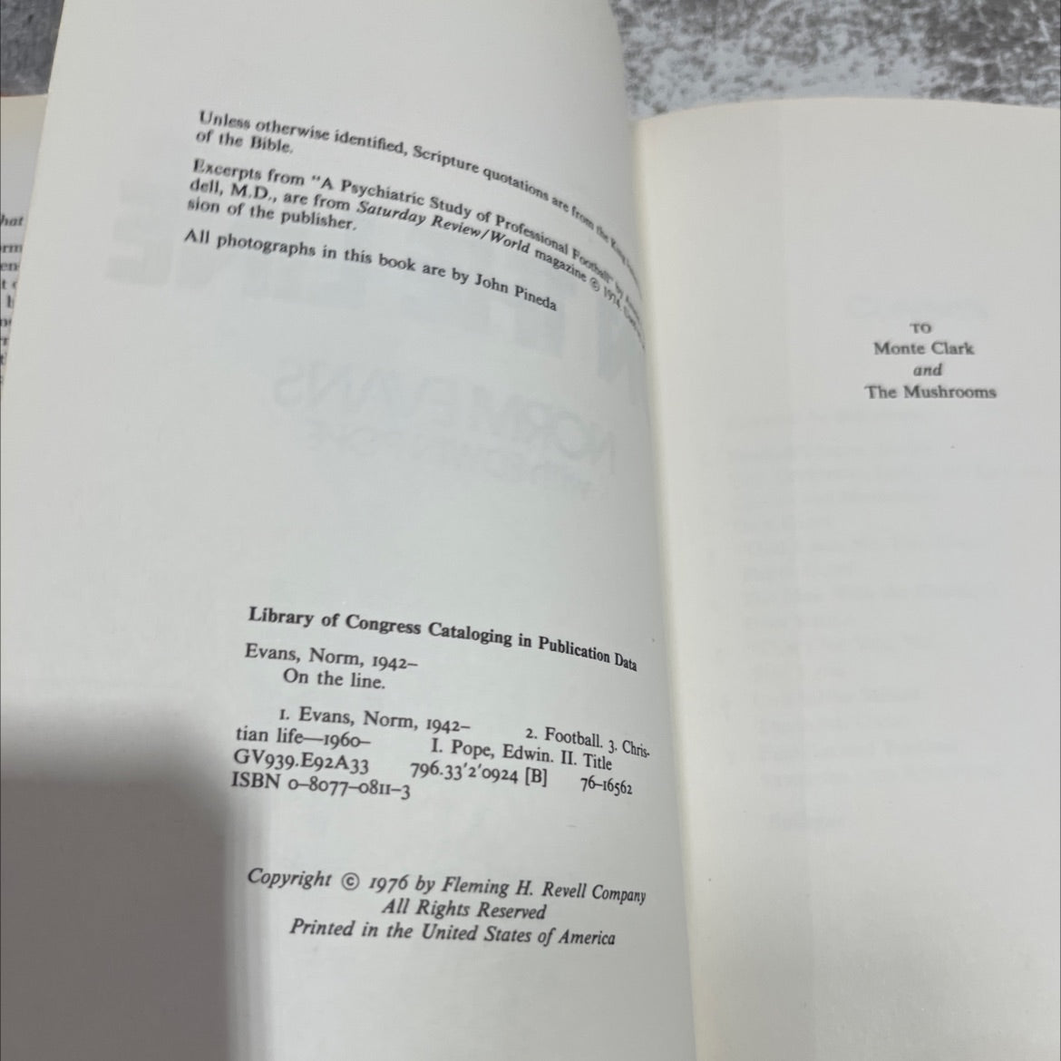 on the line book, by norm evans, 1976 Hardcover image 3