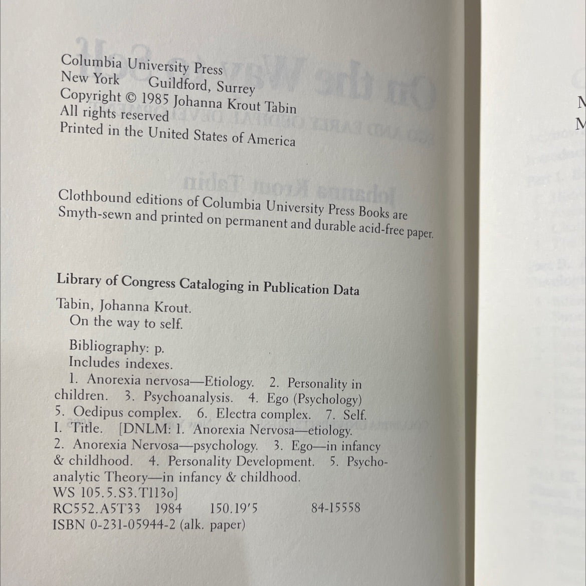on the way to self ego and early oedipal development book, by johanna krout tabin, 1985 Hardcover image 3