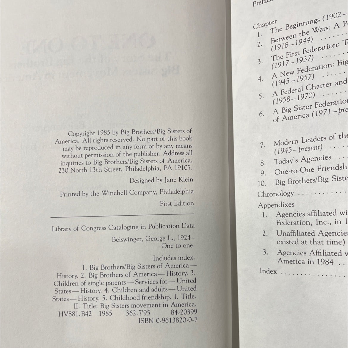 SIGNED one to one the story of the big brothers/big sisters movement in america book, by george l. beiswinger, 1985 image 3