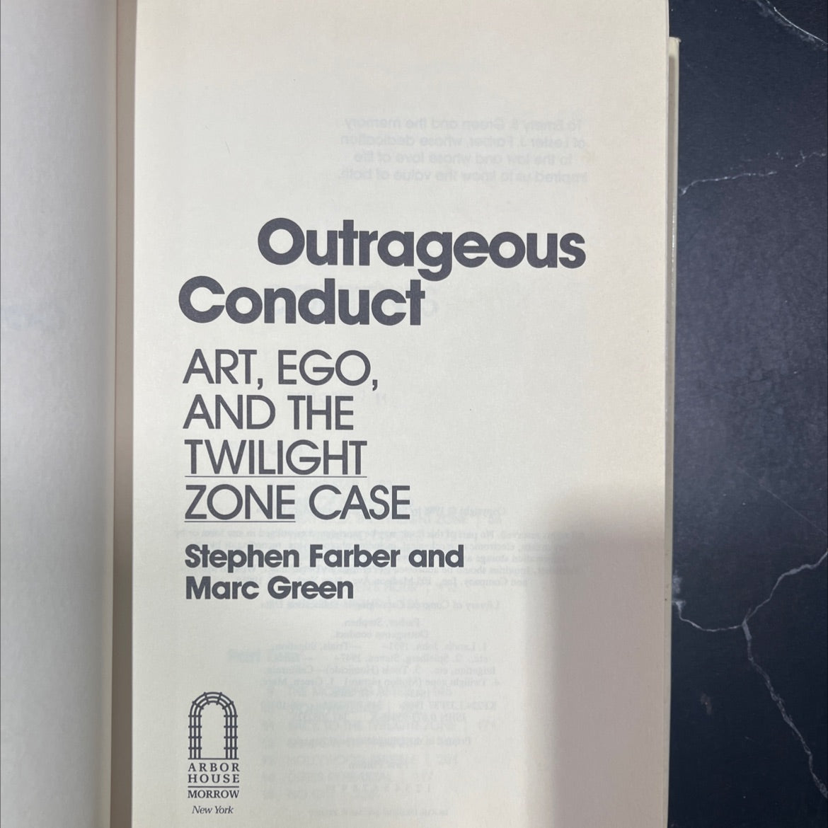 outrageous conduct art, ego, and the twilight zone case book, by Stephen Farber and Marc Green, 1988 Hardcover, First image 2