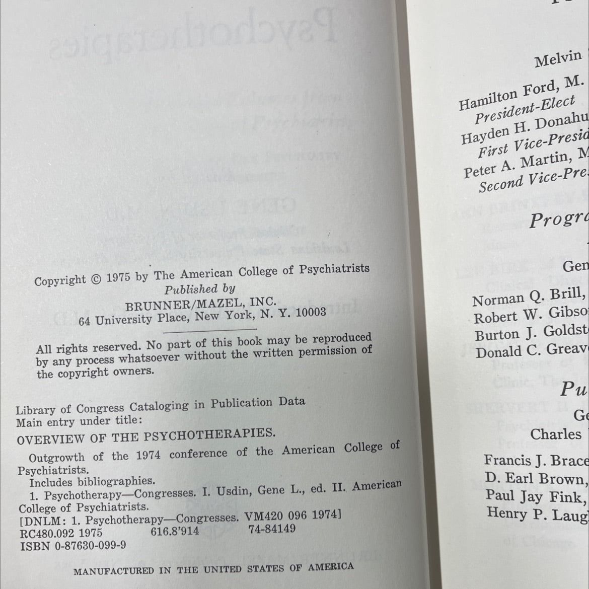 overview of the psychotherapies book, by gene usdin, m.d., 1975 Hardcover image 3