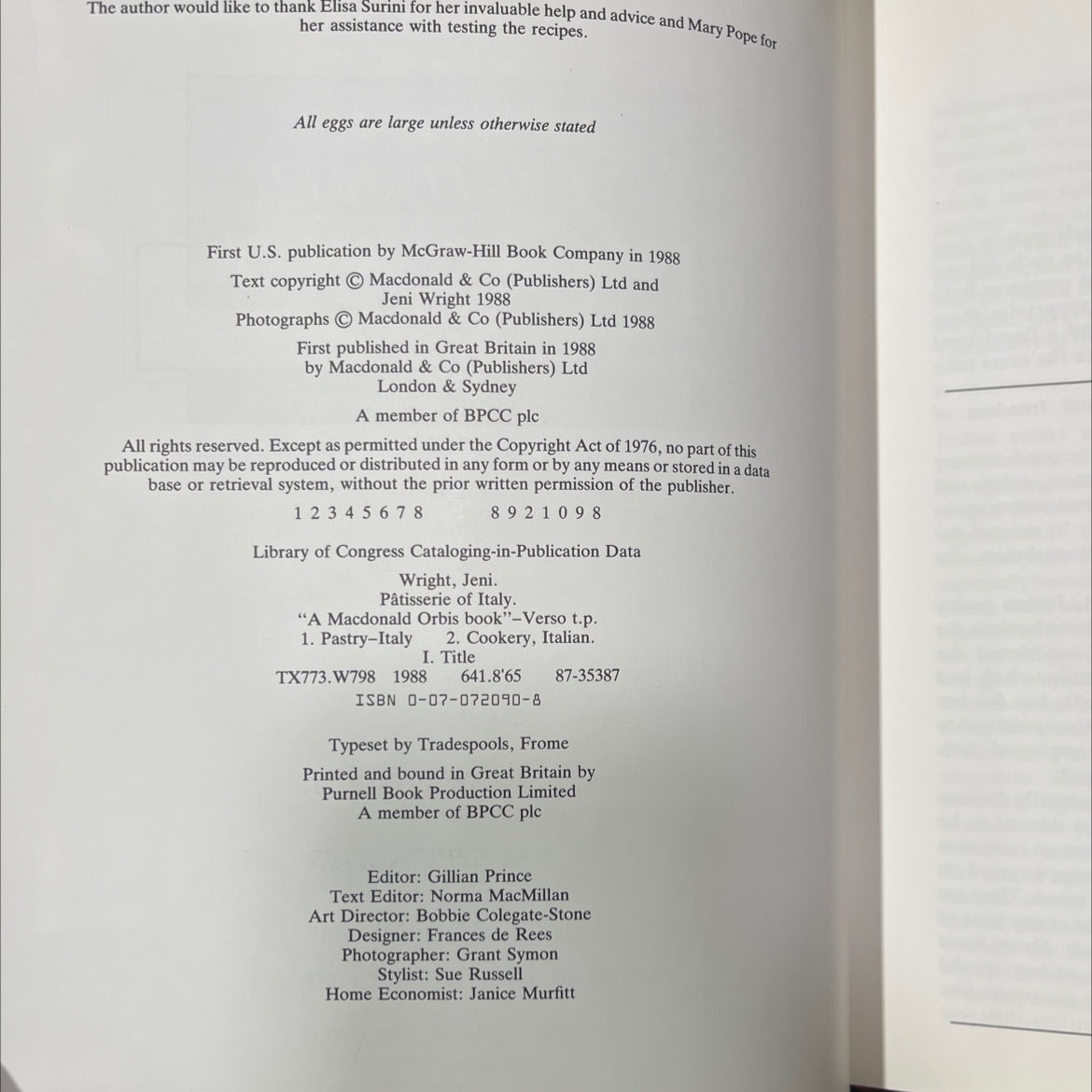 pâtisserie of italy book, by jeni wright, 1988 Hardcover image 3