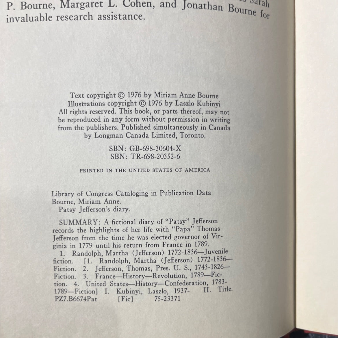 patsy jefferson's diary book, by miriam anne bourne, 1976 Hardcover image 3