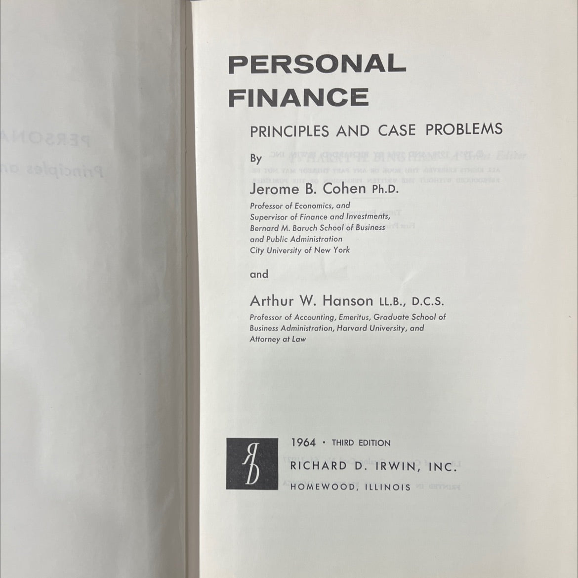 personal finance principles and case problems book, by Jerome B. Cohen, Arthur W. Hanson, 1964 Hardcover image 2