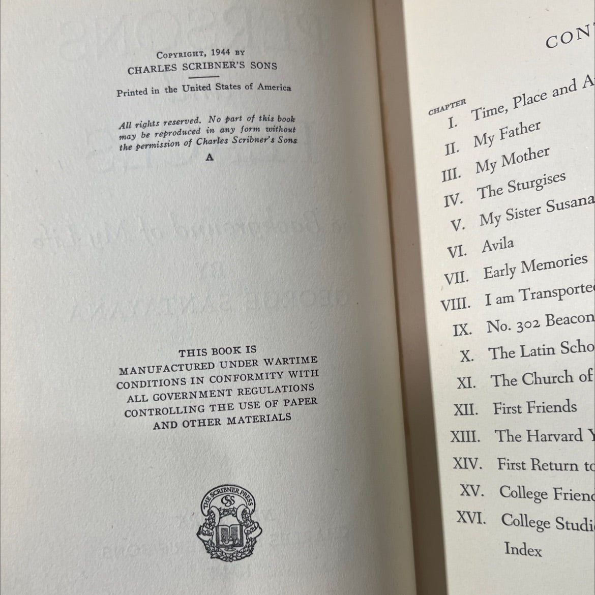 persons and places the background of my life book, by george santayana, 1944 Hardcover image 3