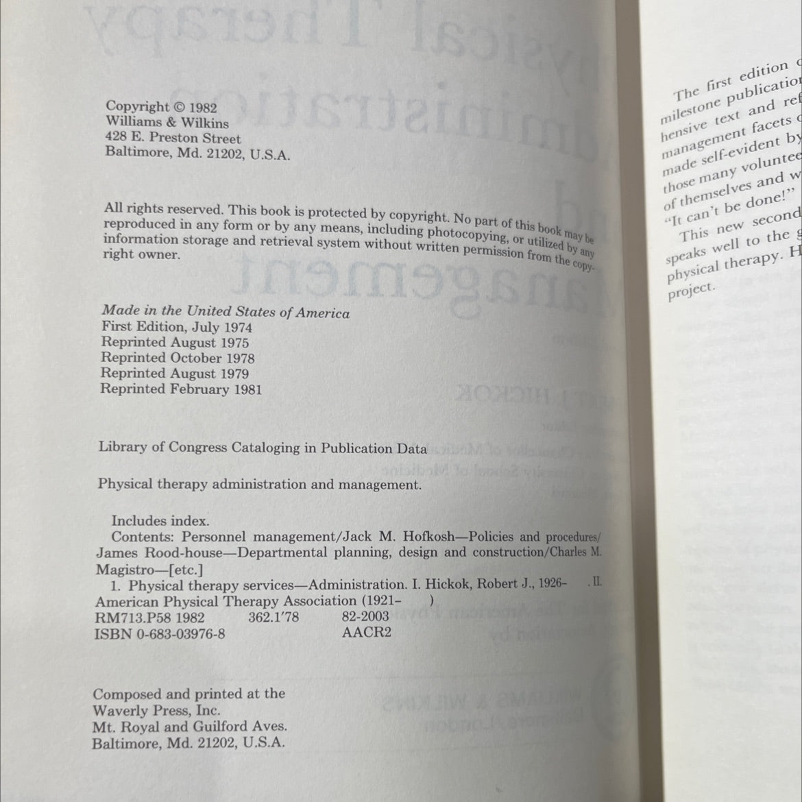 physical therapy administration and management book, by robert j. hickok, 1982 Hardcover image 3