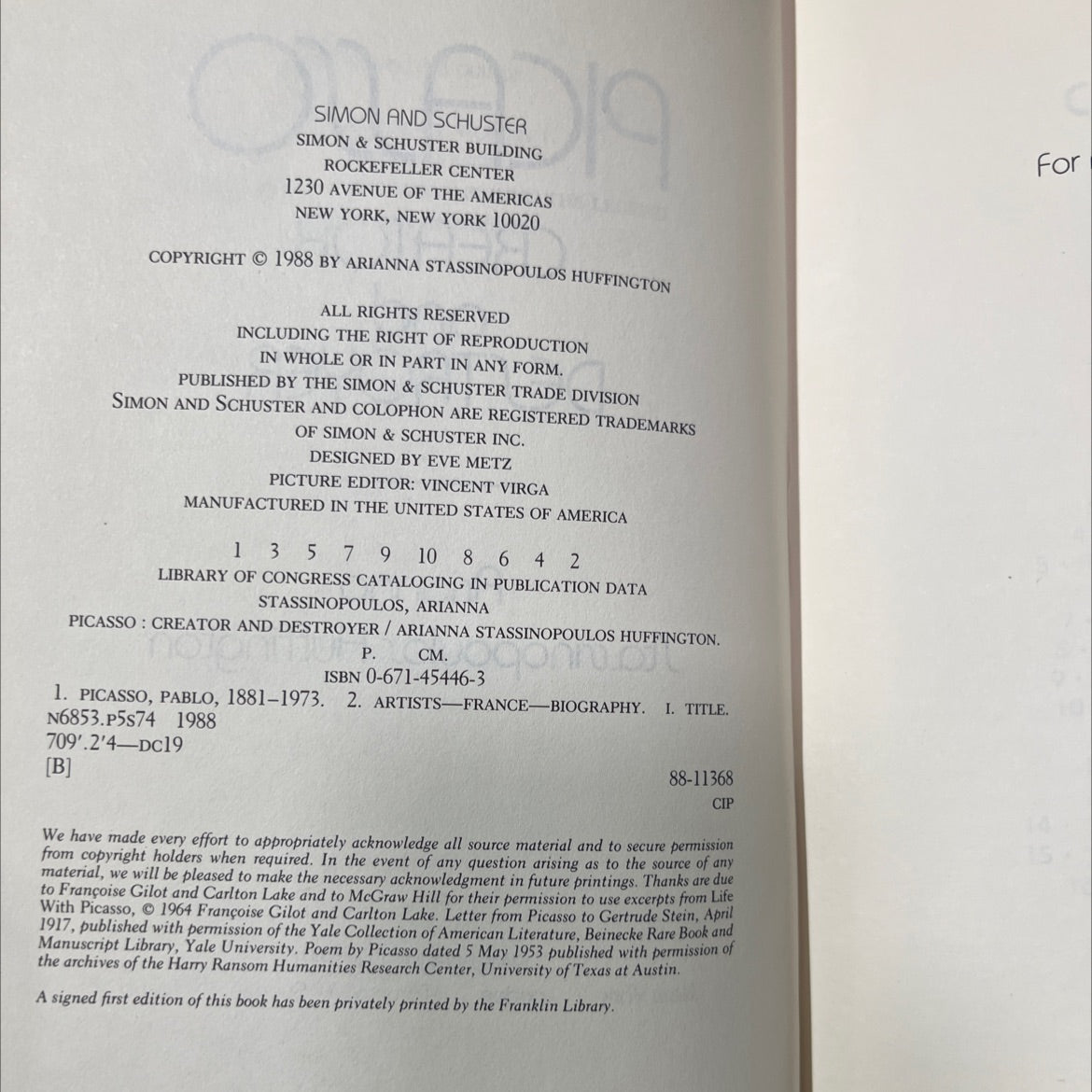 picasso creator and destroyer book, by arianna stassinopoulos huffington, 1988 Hardcover image 3