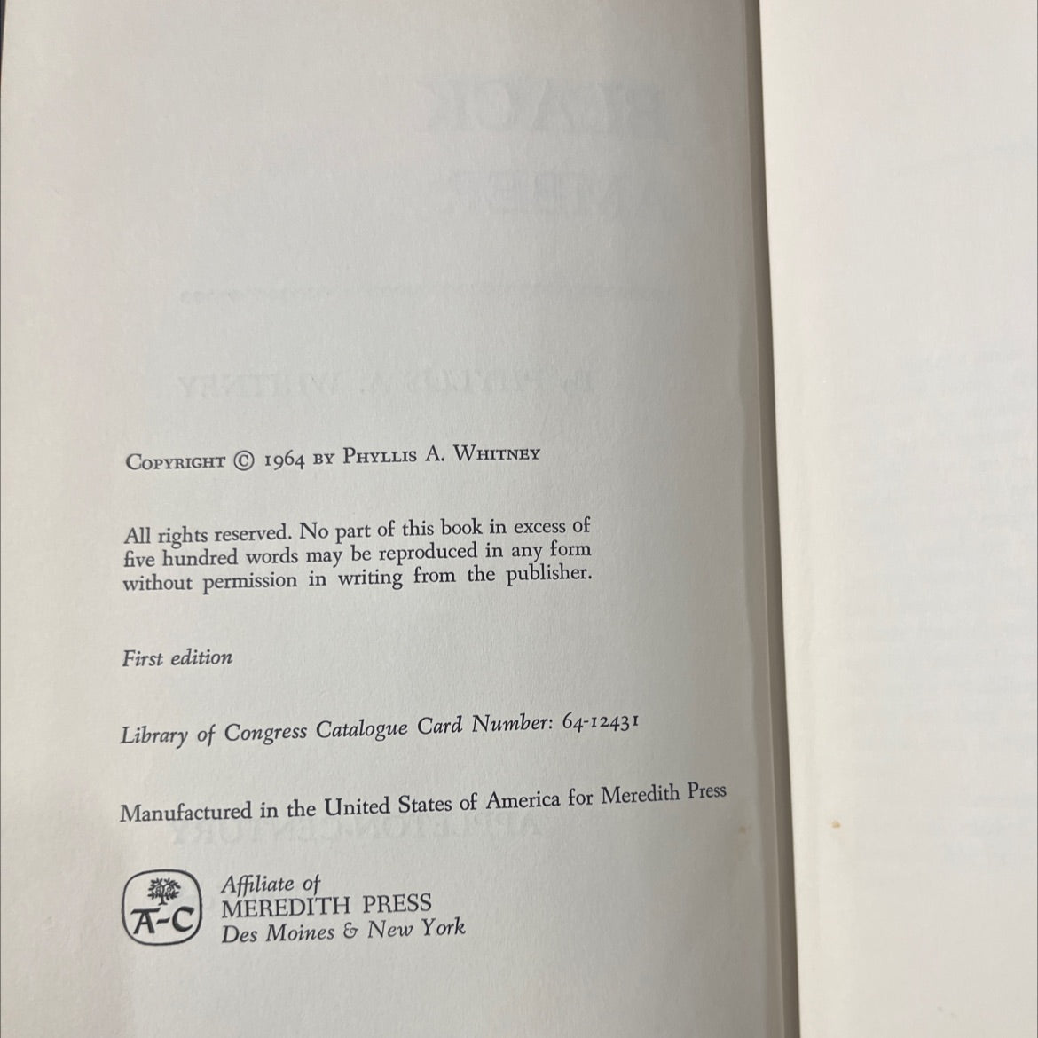pollo quare black amber book, by phyllis a. whitney, 1964 Hardcover image 3