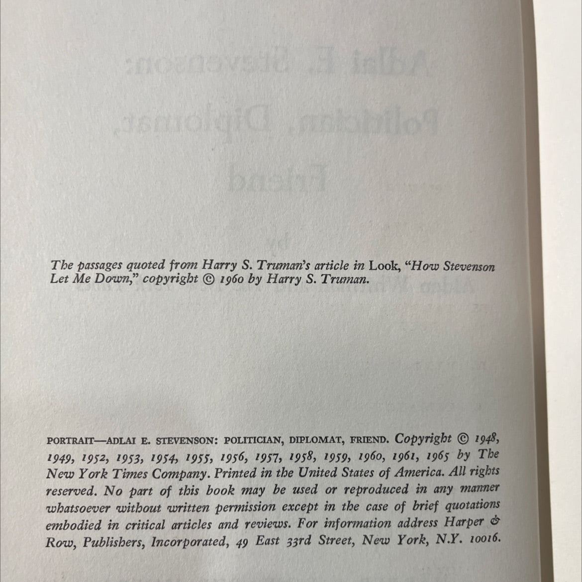 portrait adlai e. stevenson: politician, diplomat, friend book, by alden whitman, 1965 Hardcover image 3