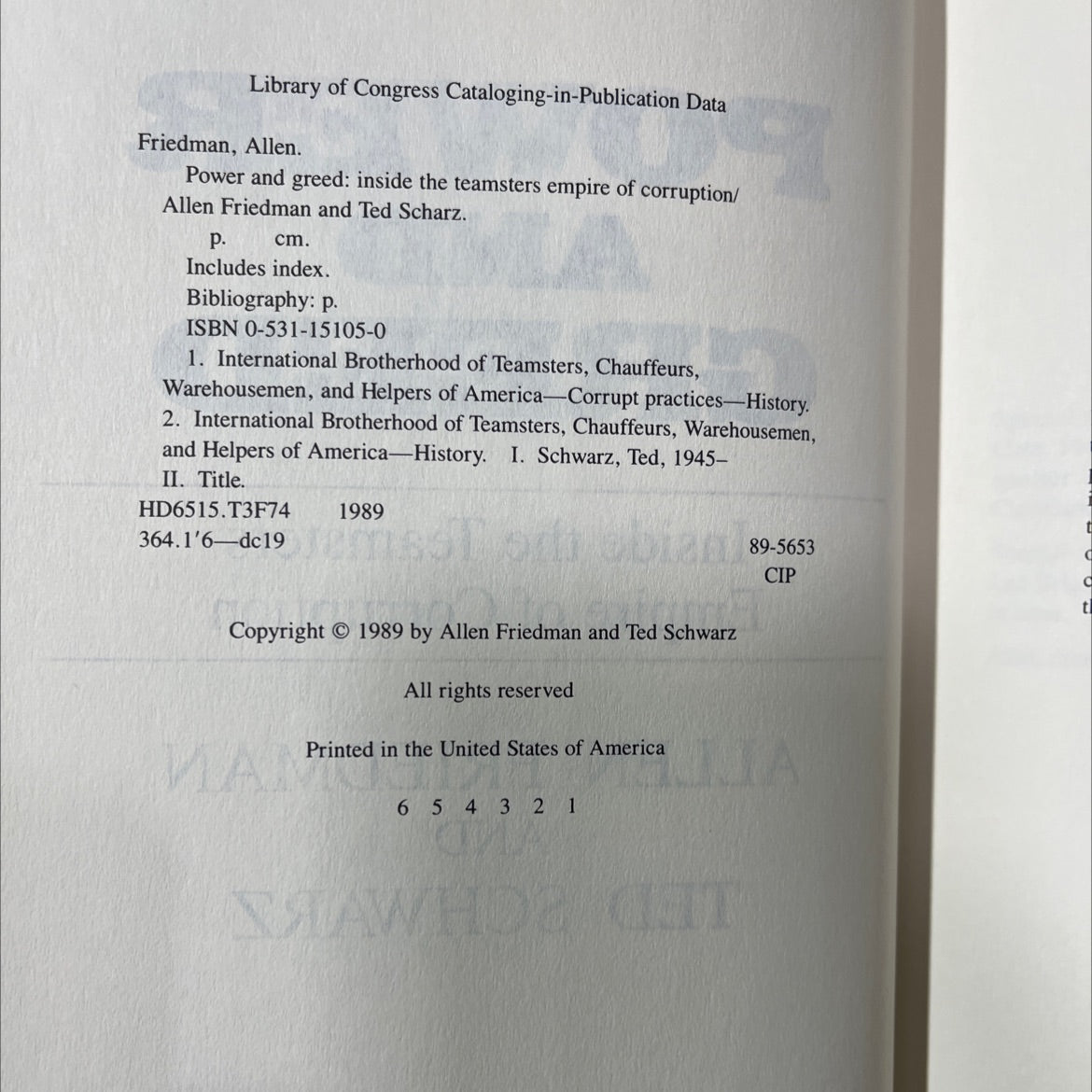 power and greed inside the teamsters empire of corruption book, by Allen Friedman and Ted Schwarz, 1989 Hardcover image 3