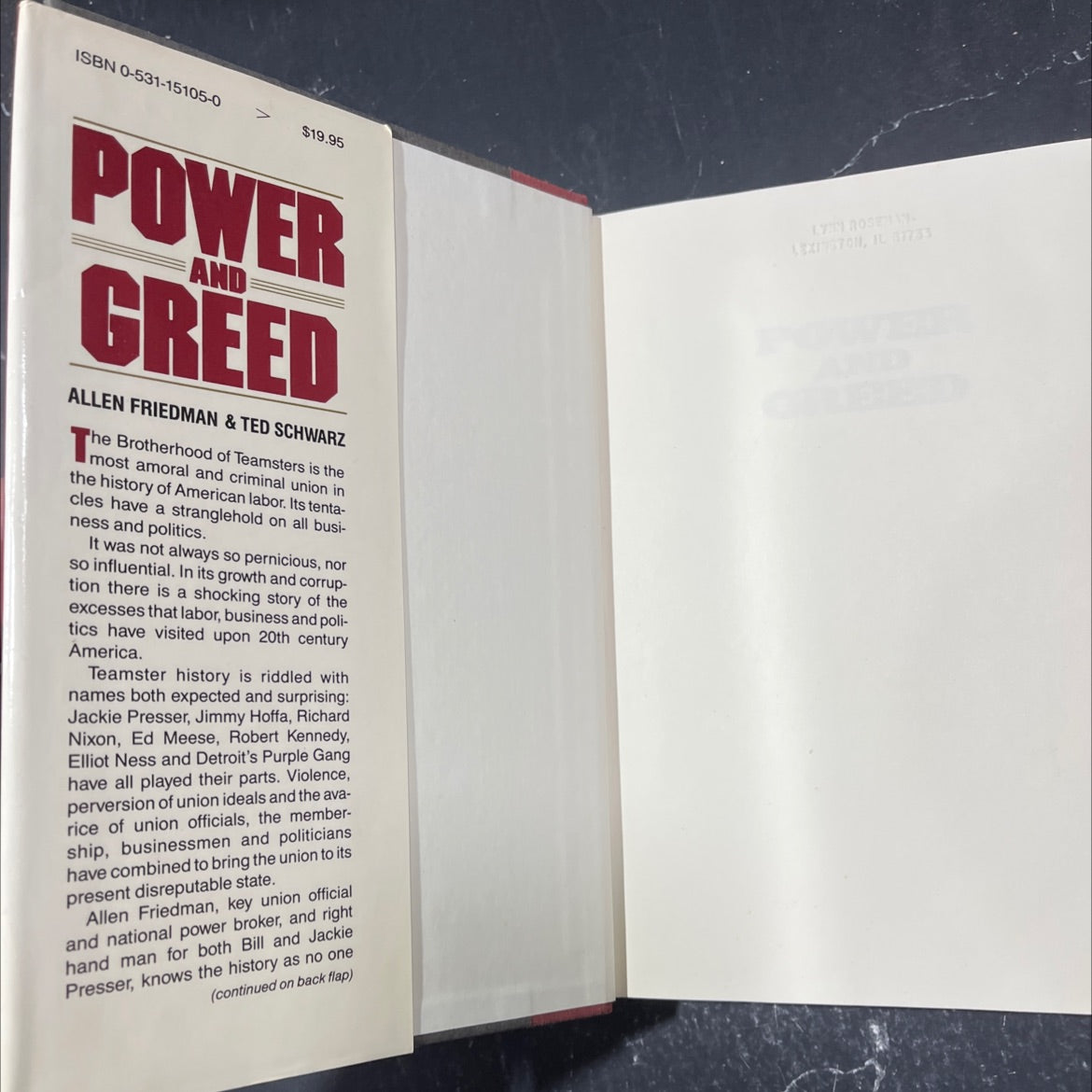 power and greed inside the teamsters empire of corruption book, by Allen Friedman and Ted Schwarz, 1989 Hardcover image 4