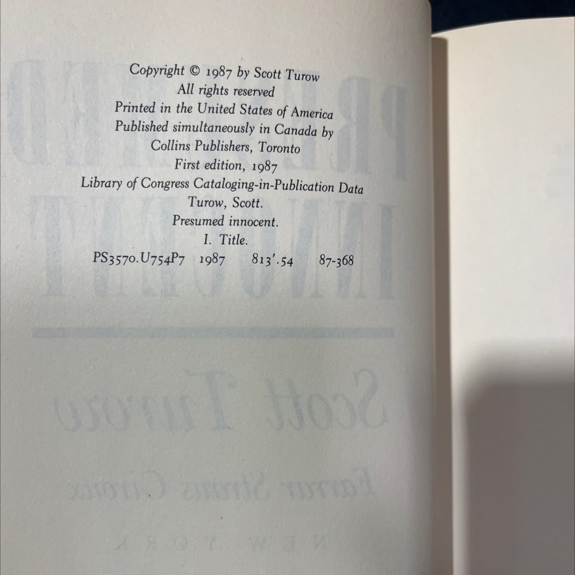 presumed innocent book, by Scott Turow, 1987 Hardcover image 3