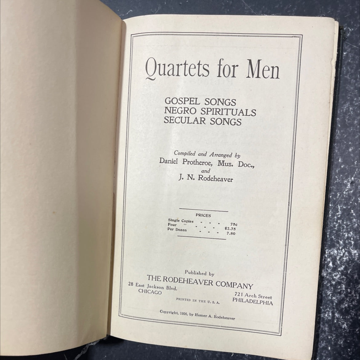 quartets for men gospel songs negro spirituals secular songs book, by Daniel Protheroe, J. N. Rodeheaver, 1926 Hardcover image 2
