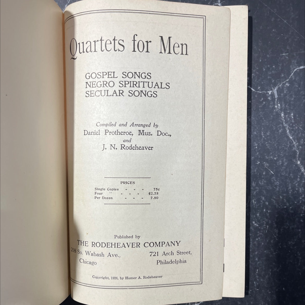 quartets for men gospel songs negro spirituals secular songs book, by Daniel Protheroe, J. N. Rodeheaver, 1926 Hardcover image 2