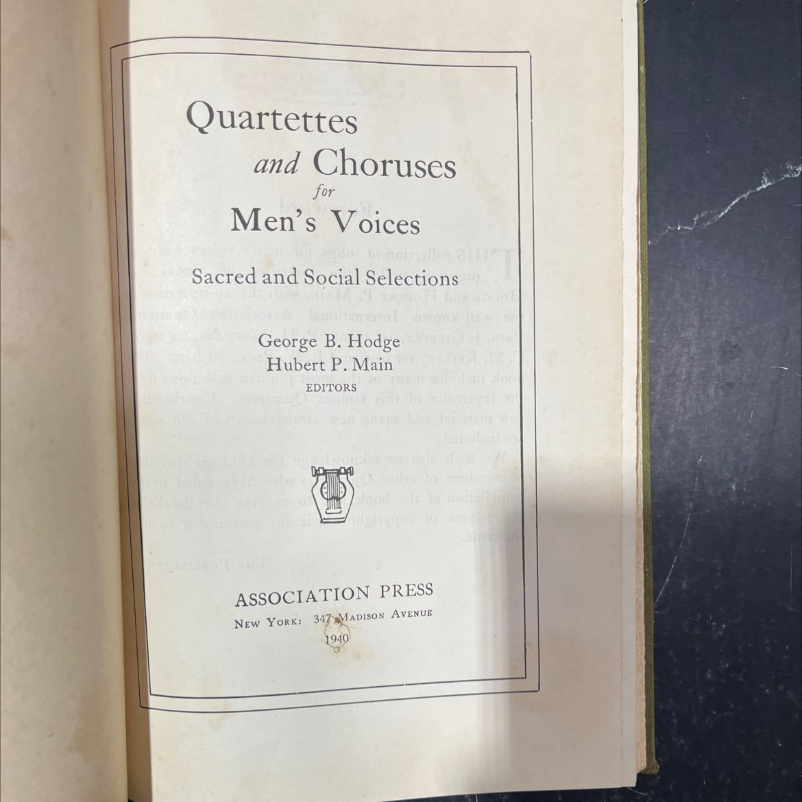 quartettes and choruses for men's voices book, by george b. hodge, hubert p. main, 1940 Hardcover image 2