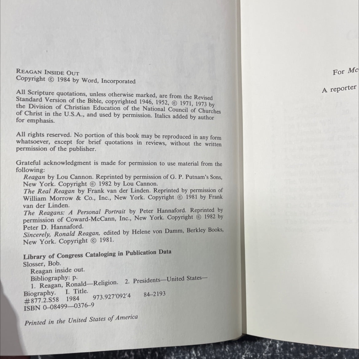 reagan inside out book, by bob slosser, 1984 Hardcover image 3