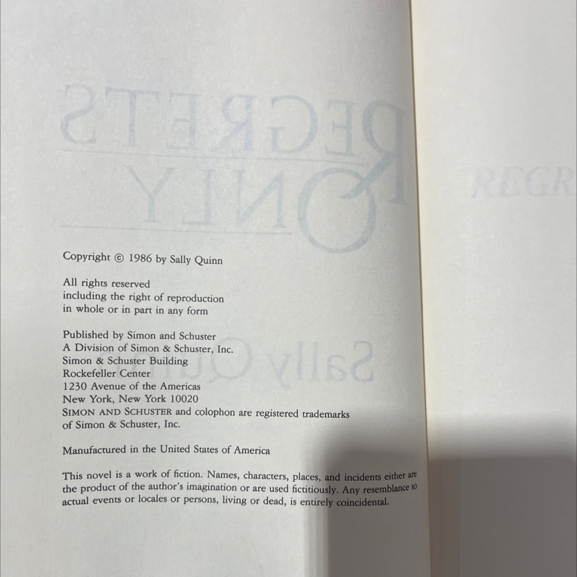 regrets only book, by Sally Quinn, 1986 Hardcover image 3