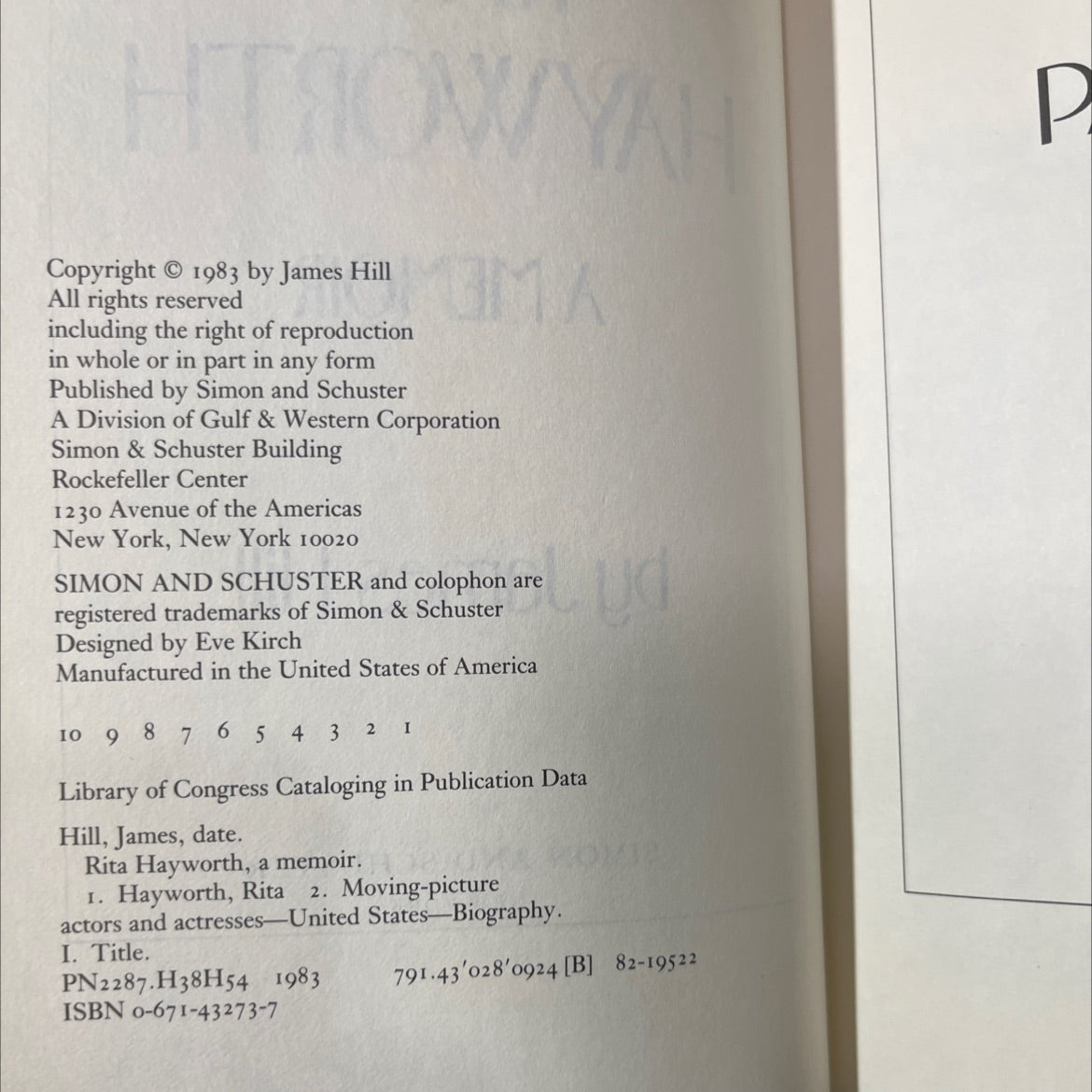 rita hayworth a memoir book, by james hill, 1983 Hardcover image 3