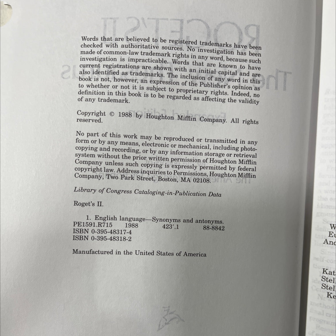 roget's ii thesaurus book, by Anne D. Steinhardt, 1988 Hardcover image 3
