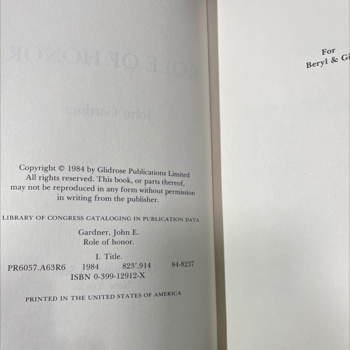 role of honor book, by John Gardner, 1984 Hardcover image 3